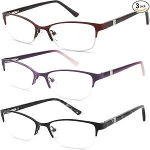 3 Pack Reading Glasses for Women Blue Light Blocking, Metal Oval Half Frame Womens Readers Glass with Spring Hinge, Anti Blue Ray Reduce Eye Strain Glare Headache(125 Magnification Strength)