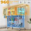 Heavy Duty Clothes Rack Load 960LBS, Three Rods Rolling Clothing Racks for Hanging Clothes, Rolling Garment Rack With Sturdy Wheels Shelves Hooks, Portable & Adjustable Commercial Garment Rack, Silver