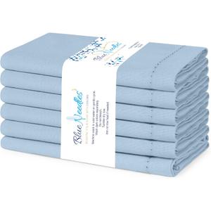 Blue Needles Set of 6 Hemstitch Linen Napkins 100% Cotton Ice Blue Cloth Dinner Napkins 18x18 inches - Spring Summer Easter - Soft, Reusable, Absorbent, Washable, Ideal for Parties & Everyday Use 