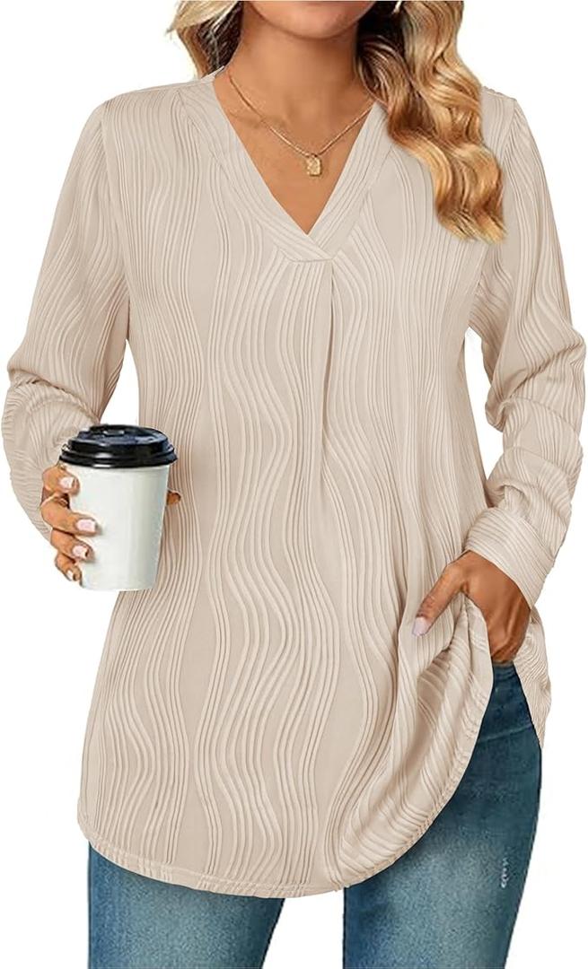 Womens 3 4 Sleeve Blouse Long Sleeve Business Casual Tunic Tops V Neck Work Tops Textured Dressy Casual Shirts (Light Khaki, Large)