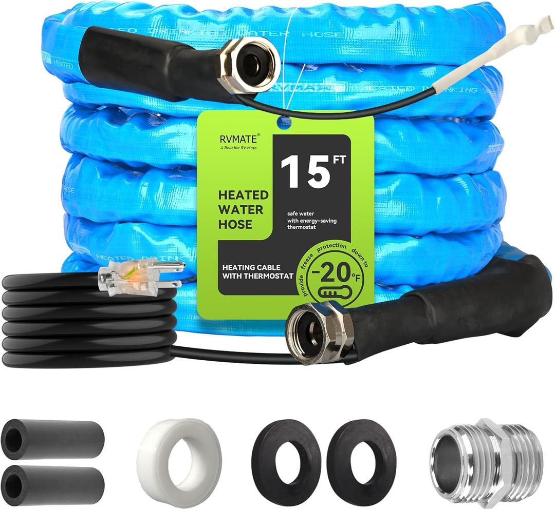 RVMATE Heated Water Hose for RV 15FT, -20  Antifreeze Heated RV Water Hose with Energy Saving Thermostat, for RV/Camper/Home/Garden, RV Accessories