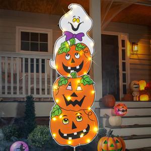 Halloween Outdoor Decorations, 38 Inches Garden Stakes Including 3 Pumpkins and 1 Ghost, Wonderful Pre-lit Decor for Outside Garden Lawn Patio Halloween Party