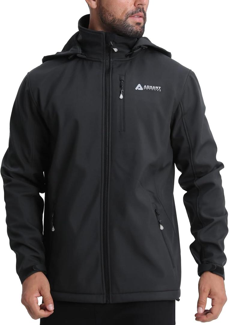 Men's Softshell Jacket,Fleece Lined Hooded Windbreaker Winter Outdoor Hiking Jackets for Men (Medium, Black)