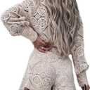 SOMTHRON Women's Summer Eyelet Lace Two Piece Outfits Long Sleeve Blouse Tops Shorts Floral Embroidery Set (L)