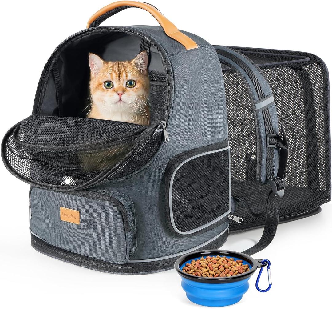 Morpilot Expandable Cat Carrier Backpack for Small Dogs & Cats Up to 18lbs, Breathable Mesh Pet Travel Backpack with Safety Leash, Foldable Airline Approved Carrier for Hiking Camping Outdoor, Grey
