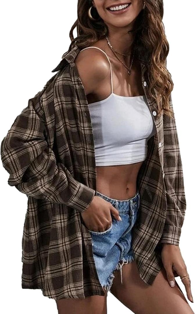 Zontroldy Plaid Flannel Shirts for Women Oversized Long Sleeve Button Down Buffalo Plaid Shirt Blouse Tops (Large, Coffee)