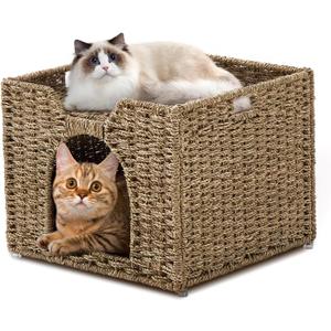 Cat Houses for Indoor Cats, Handwoven Natural Seagrass Cat Cave Pet Cube,Foldable Pet Cat House, Cat Beds with Double-Sided Mat, Hideaway, in Living Room Bedroom