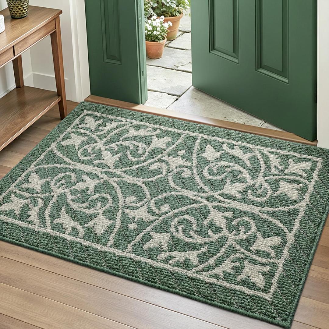DEXI Front Door Mat Indoor Entryway, Inside Welcome Entrance Doormat Low Profile Thin, Non Slip Washable Entry Mats for House Floor Dirt Trapper, 32x48, Dark Sea Green