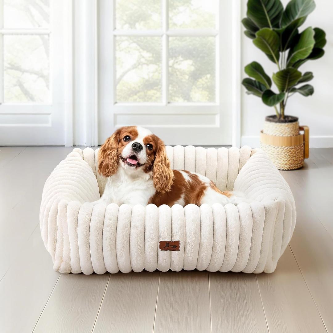 Washable Dog Bed for Small Medium Dogs - Rectangle Orthopedic Corduroy Fleece Pet Bed with Removable Cover and Nonskid Bottom, Calming Puppy Bed Soft Pet Sofa, Cream(25x21x7inchs)