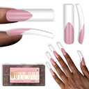 NOVO OVO Halloween XXL Sharp Square Slight Curved Nail Tips French Tip BERRY PINK, Full Cover Press on Acrylic, Extra Thick Soft Gel False Nail, NEED Builder Gel Top Coat Glue x 15 Sizes 150 pcs