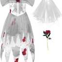 ReliBeauty Ghost Zombie Bride Costume for Girls with Veil and Flower (White)