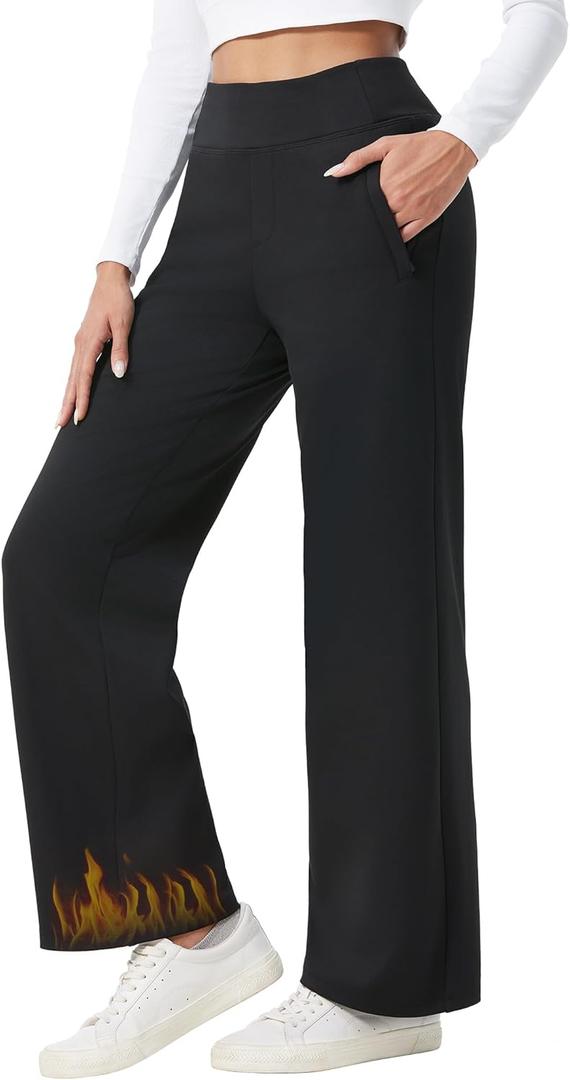 HOTSUIT Fleece Lined Wide Leg Yoga Pants for Women with Zipper Pockets, High Waisted Sweatpants Winter, Thermal Work Slacks (Black, XL)