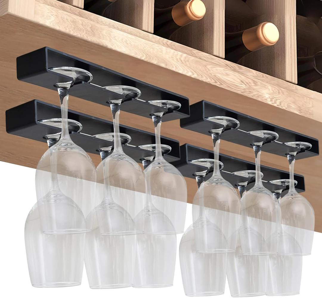 Wine Glass Holder,Wine Glass Rack 4 Pack,No Drilling Wine Glass Holder Under Cabinet, Hanging Stemware Rack Organizer Hanger for Bar Cabinet KitchenBlack