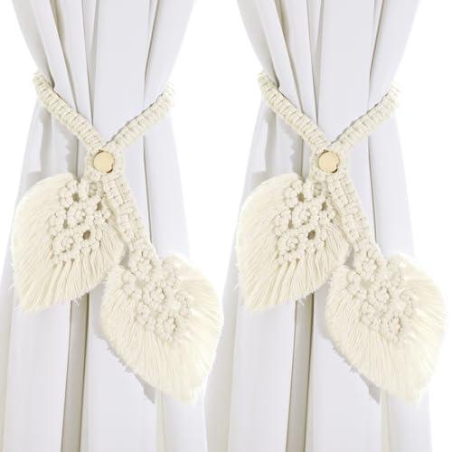 2 Pack Boho Curtain Tiebacks Macrame Holdbacks, Handmade Adjustable Curtain Tie Back Holders for Drapes Window, Elegant White Leaf Wall Decor for Indoor Outdoor Use