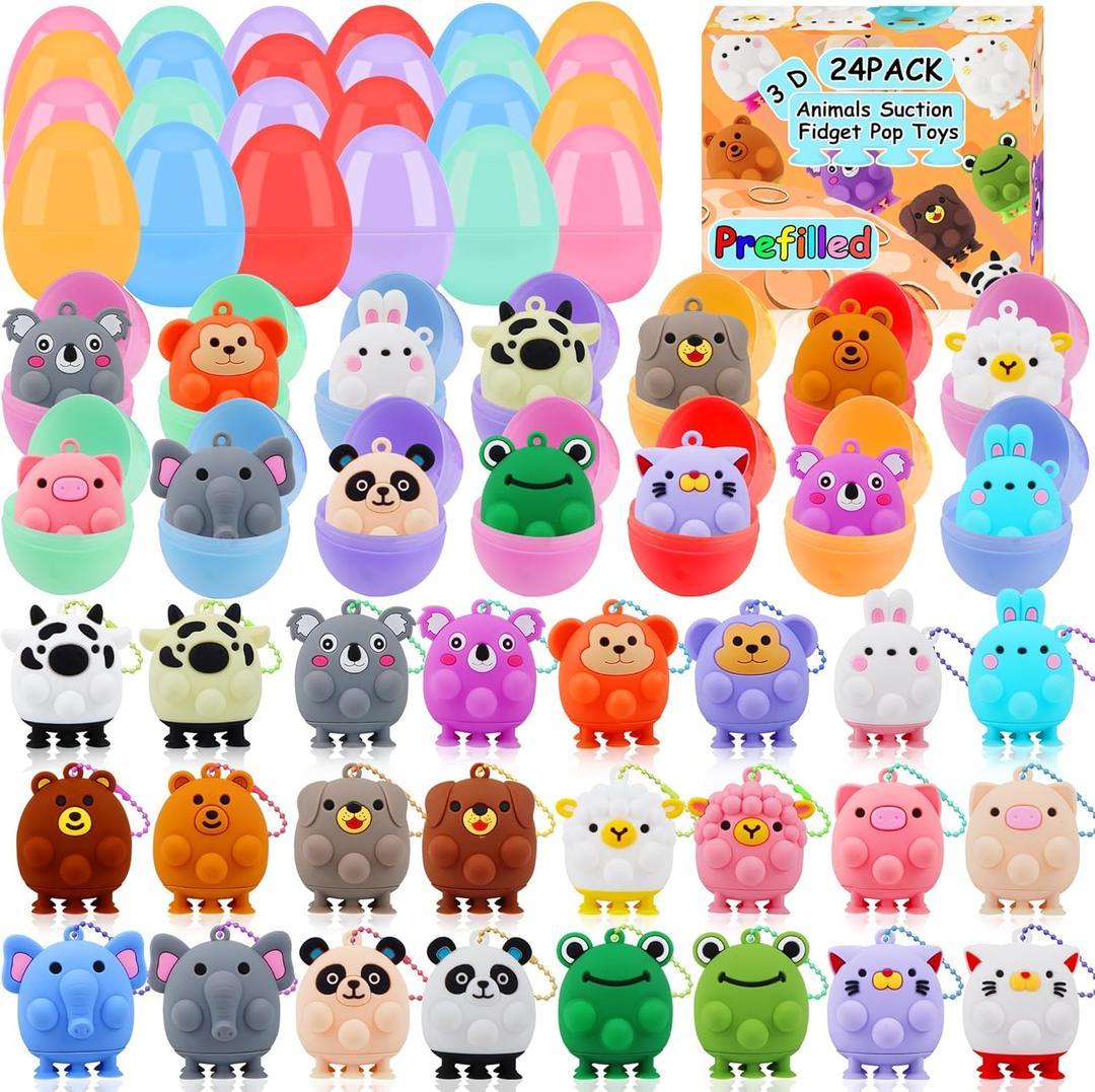 24 Pack Prefilled Easter Eggs with Animal Pop Toys, Filled Easter Eggs for Egg Hunt, Easter Basket Stuffers for Kids,Easter Party Favors Prizes, Prefilled Easter Eggs with Toys
