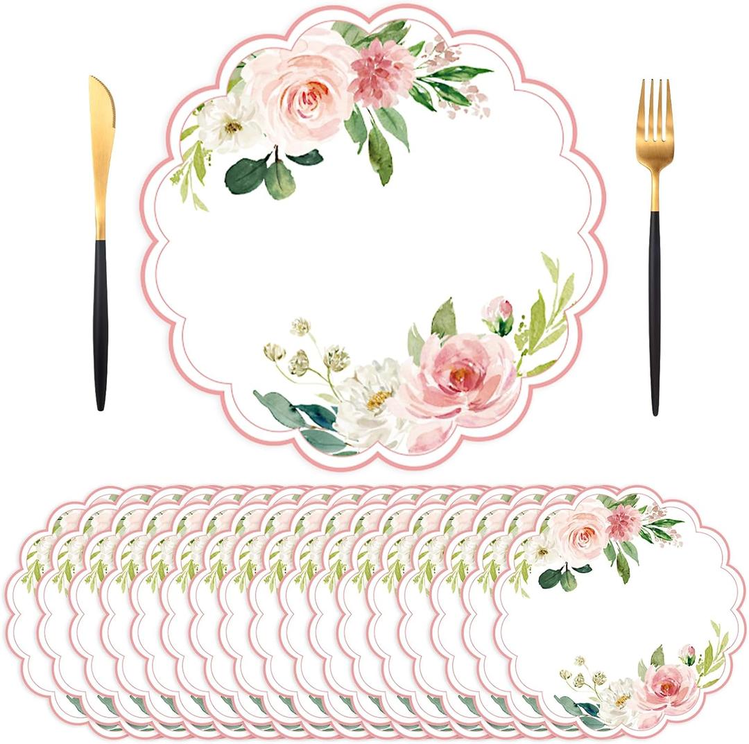 50 Pack Paper Placemats Disposable Pink Floral Placemat 13.7 Inch Rose Floral Round Place Mats Spring Summer Table Mats for Mother's Day Wedding Baby Show Party Supplies Banquet Table Settings