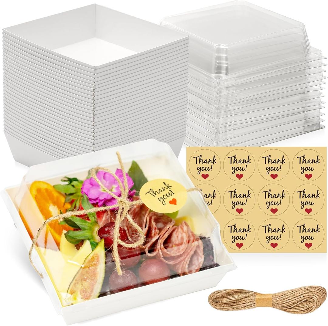 50 Pack Small Charcuterie Boxes with Clear Lids - To Go Paper Mini Charcuterie Box, Disposable Food Containers, 5Inch Dessert Boxes - Sandwich, Cookie, Sushi, Cake Slice, Strawberries (White)