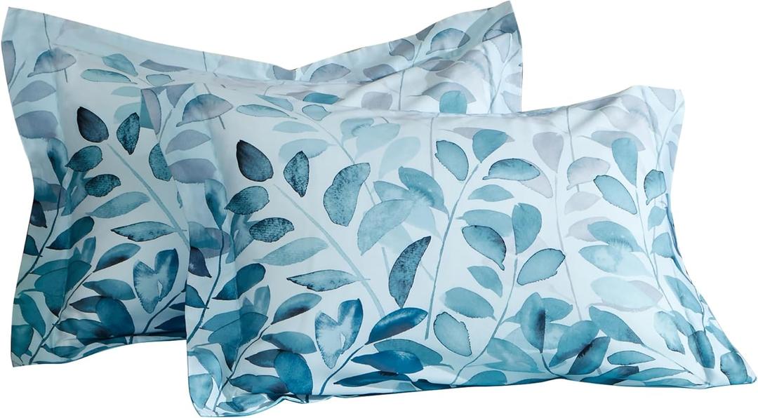 MILDLY 100% Long-Staple Cotton Pillow Shams - Gradient Blue Leaf Printed Envelope Pillowcases King Size 20"x36" 2pcs (Sky Blue (Nero))