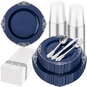 Hioasis 175pcs Blue and Silver Plastic Plates - Elegant Disposable Dinnerware Set Suitable for 25 Guests Include 10.25" Dinner & 7.5" Dessert Plates, Cutlery, Napkins, Cups for Party & Wedding