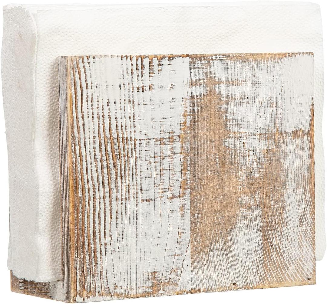 Rustic Wooden Paper Napkin Holder Farmhouse Napkin Storage Dispenser For Tables Kitchen Office Accessories for Restaurants, Dining Home Decor, Nature Vintage Home Gift Bar Decor (washed white)  3"D x 3"W x 5.5"H