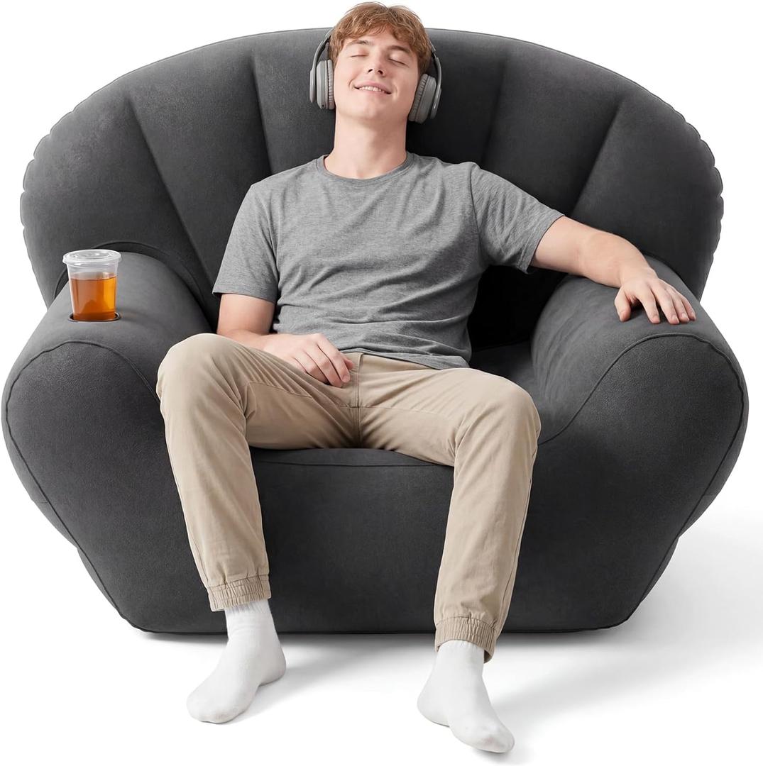 Novabright Inflatable Couch, Flocked Surface Blow up Chair, Folding Portable Flocking Inflatable Air Sofa Lazy Sofa for Living Room Learning Camping Part(Single Size,Dark Gray)