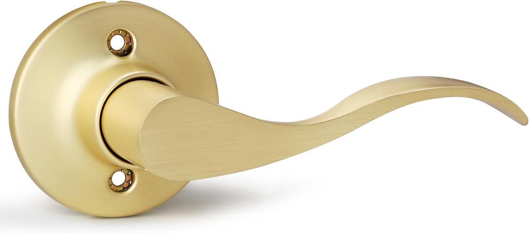 1 Pack Satin Brass Door Handles, Dummy Door Levers, Interior Door Knob Without Key, Closet Door Knobs, Door Handles for Right Side Door, Modern Wave Style