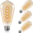 ST64 LED E26 Vintage Edison Light Bulbs, Light Amber Glass, Dimmable, 4W(40W Equivalent) 300 Lumin, 2500K Warm White, Spiral Filaments Design, Antique Style, 25000 Hrs, 4-Pack