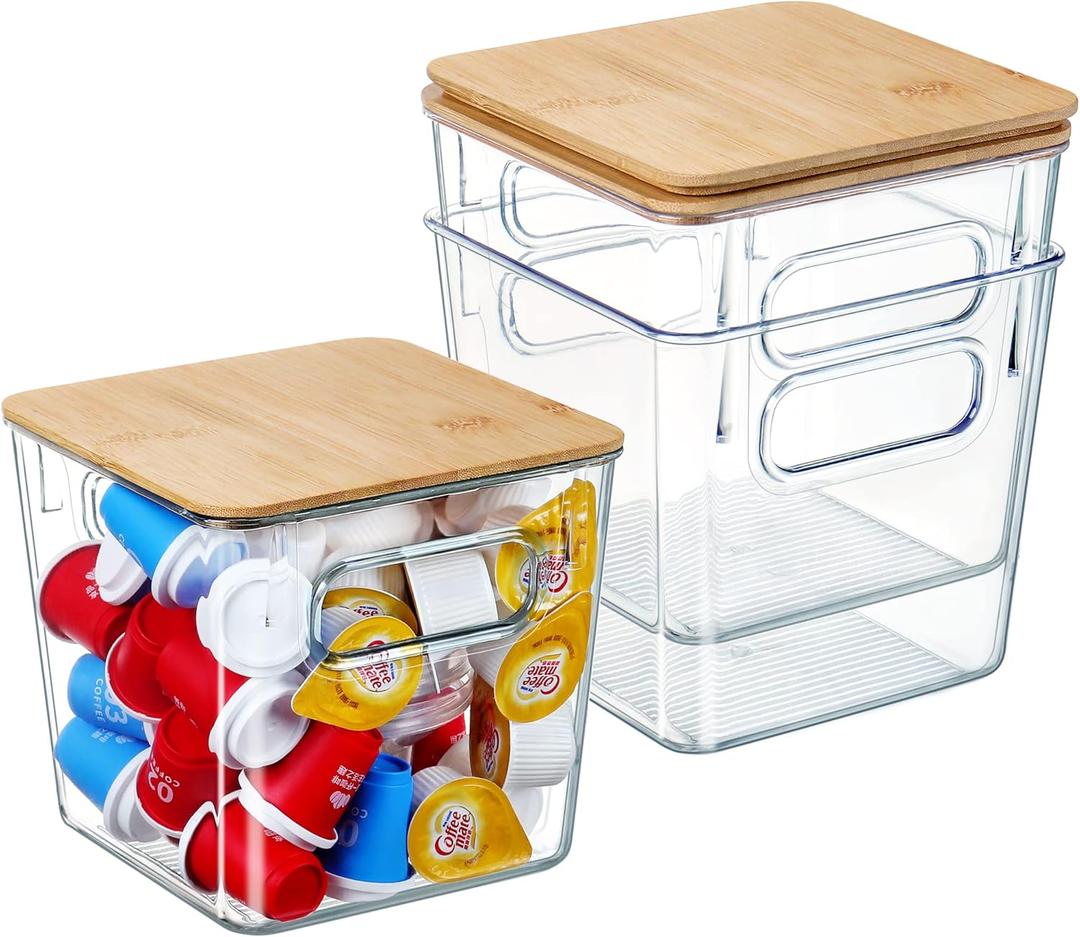 Qilinba 3 PACK Coffee Pod Holder K Cup Organizer Large Capacity Clear Storage Container Bins with Bamboo Lids for Coffee Bar Organization and Storage