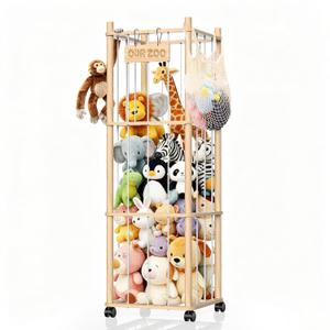Stuffed Animal Storage Organizer, Wooden Plushies Toy Zoo Holder with Wheels, Large Capacity Storage Tower for Toys, Mobile Toy Holder Cage for Kids Playroom, Nursery, Toddler Room, 3 Tier, Natural