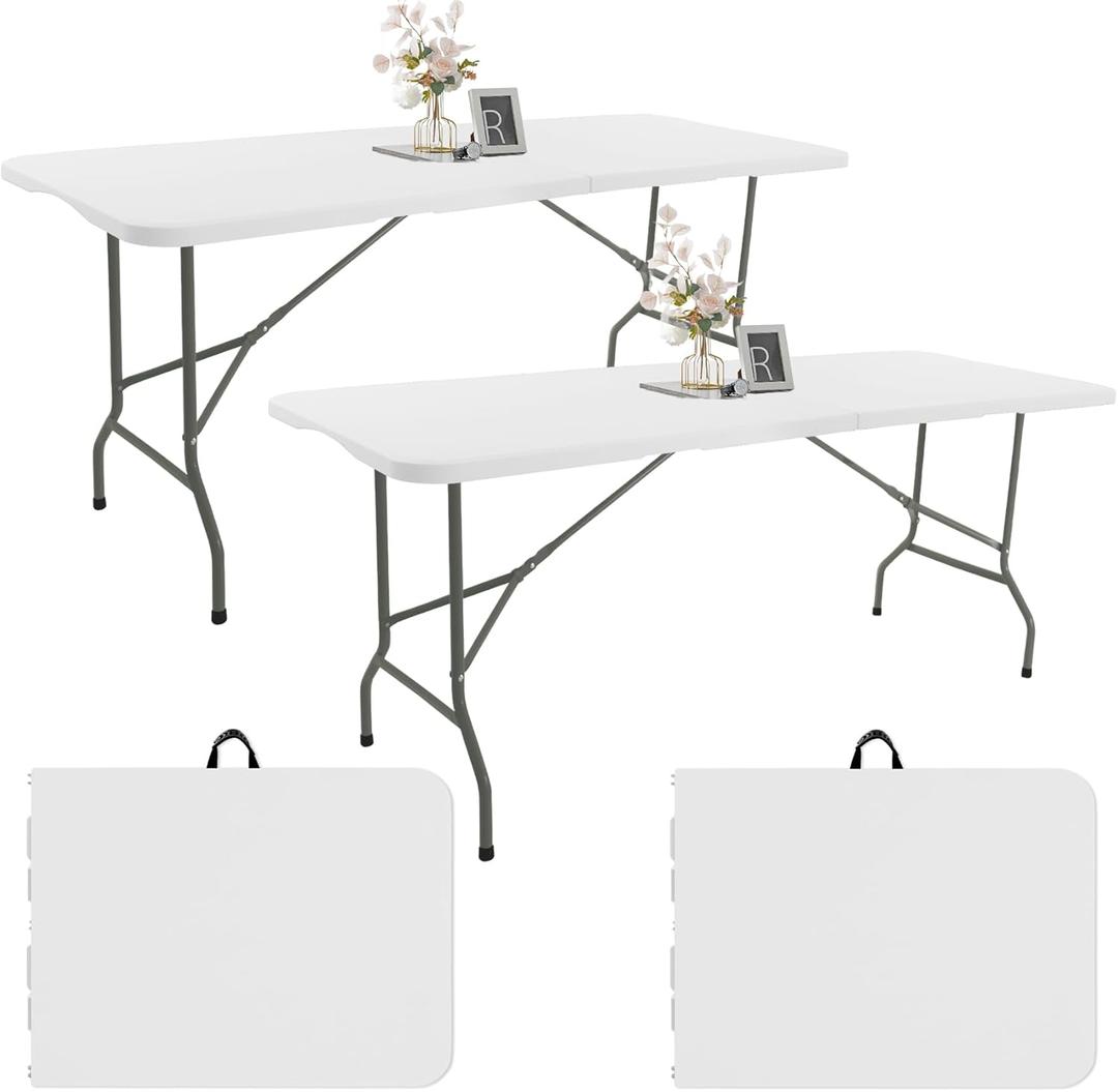 Fivenl 2 Pack 6 FT Folding Tables White Foldable Table, Fold-in-Half with Carrying Handle Portable Plastic Rectangular Table for Party, Dining, Wedding, Camping, Picnic, Indoor Outdoor Events