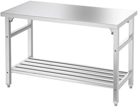 Mioleu Commercial Foldable Heavy Duty Stainless Steel Table, 48 x 24 Inches Metal Prep & Work Desk with Adjustable UnderShelf and Feet for Kitchen Restaurant Home Garage Warehouse