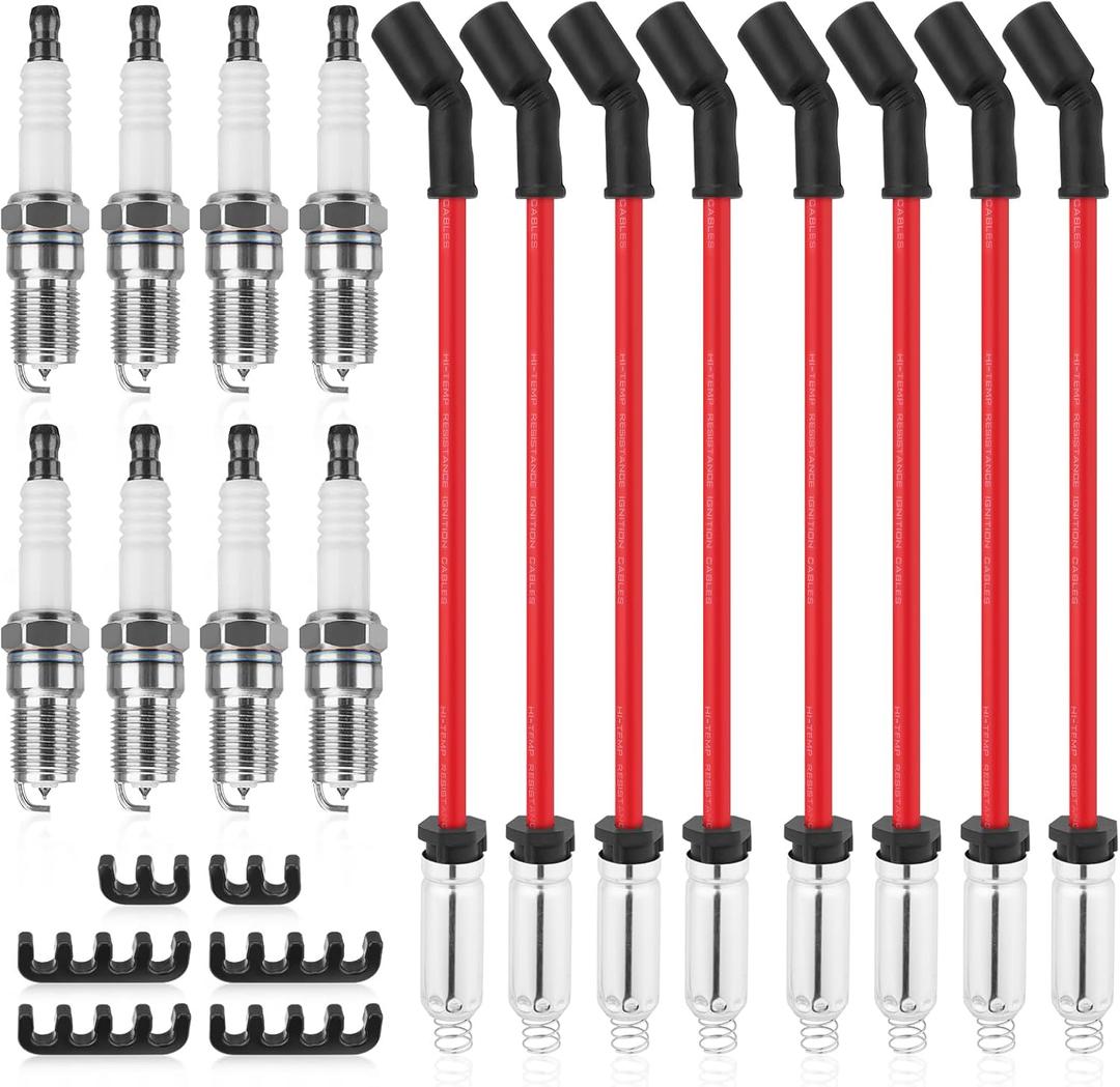 8Pcs 41-110 Iridium Spark Plugs & M8-48322 10.4mm Silicone Spark Plug Wires Compatible with Chevy Silverado Suburban Tahoe, GMC Envoy Sierra Savana Yukon, Cadillac, Hummer, 5.3L 6.0L 6.2L V8 LS Truck
