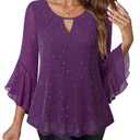 VALOLIA Plus Size Tops for Women: 3/4 Sleeve Sparkly - Women Dressy Blouses - Dressy Tops to Hide Tummy Holiday Vacation Chic Elegant Top Club Concert Shirts for Christmas Night Out Cruise Violet, 2XL
