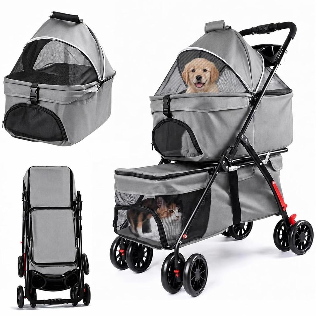 Cat Strollers for 2 Cats, Double Dog Stroller, Pet Stroller (Light Grey)