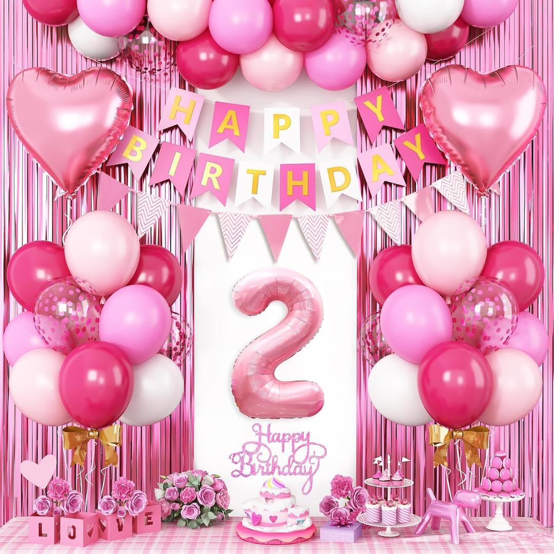 2nd Birthday Decorations for Girls, Hot Pink Balloons with Happy Birthday Banner, Fringe Curtain, Cake Topper, Glue, Ribbon