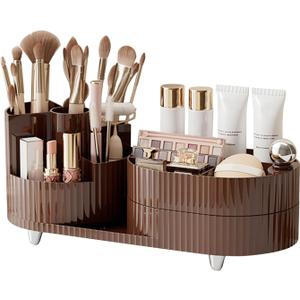 DASITON Makeup Organizer Countertop, 360 Rotating Makeup Brush Holder Organizer, Large Capacity Cosmetic Display Case with Drawers, Makeup Storage Organizer for Vanity, Desktop, Bathroom (Coffee 01)