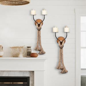 Aimto Wall Sconce Candle Holder Wall-Mount Metal and Wooden Candle Holders Hanging Iron Wall Candle Sconce Holder and use Hemp Rope Decoration,for Home,Living Room, Bathroom, Dining Room, Set of 2