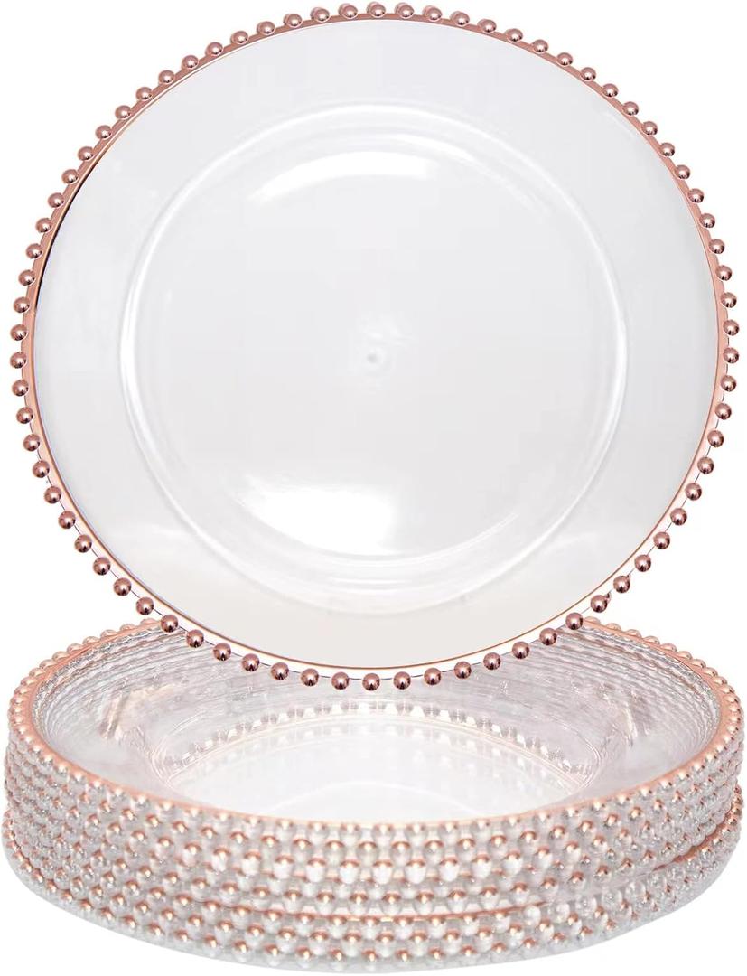 Rose Gold Bead Acrylic Charger Plates 13", Set 10PCS Round Table Charger Plates Decoration Dinner,Wedding,Party,Event(Acrylic Round Rose Gold10)