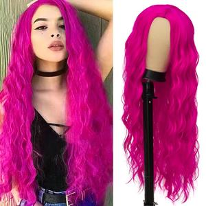 Rose Red Hot Pink Curly Wig Long Wavy Wigs for Women Natural Middle Part Synthetic Wig for Halloween Cosplay Wigs