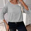 SOFIA'S CHOICE 3/4 Length Sleeve Women's Tops Striped Shirt Boat Neck Loose Fit Shirts White Black X-Large (XL)