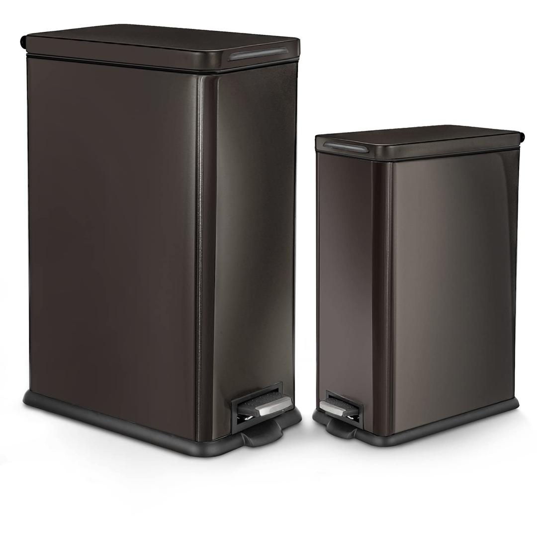 Home Zone Living 8 Gallon and 3 Gallon Slim Black Stainless Steel Trash Can Combo Set with Soft-Close Lid and Bag Tuck Design (Bundle)