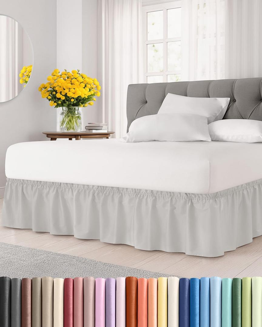 Wrap Around Dust Ruffle Bed Skirt - French Grey - for King Size Beds w/ 12 Inch Drop - Easy Fit Elastic Strap - Adjustable Pleated Bedskirt w/Brushed Fabric - Wrinkle Free, Women, Men, Kids & Teens, French Grey