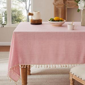 Linen Tablecloth with Tassels, Farmhouse Style Pink Tablecloth, Water Resistant Burlap Tablecloths for Rectangle Table, 60x120 Inch Pink