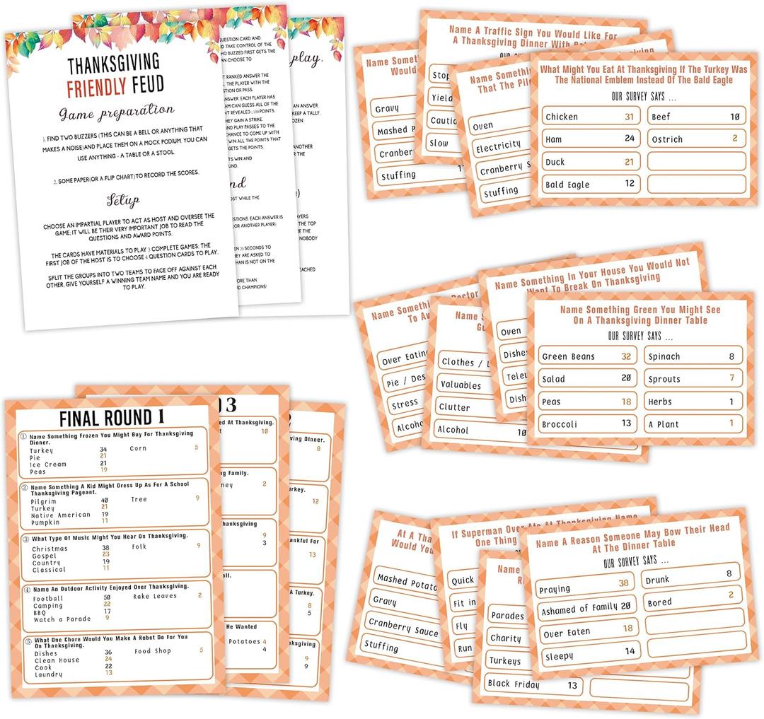 Thanksgiving Day Friendly Feud Game,Party Games,Trivia Game,Fall Winter Ice Breaker Games,Classroom Activities,Thanksgiving Day Decoration,Party Supplies,Trivia Cards,S3