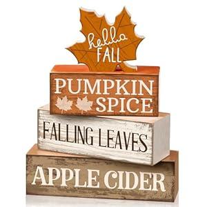 Moucuny 4 Pcs Fall Decor Wooden Maple Leaf Decoration Thanksgiving Tiered Tray Decor Rustic Wooden Maple Leaf Block Sign Thanksgiving Table Centerpiece Farmhouse for Autumn Harvest Party Home Kitchen