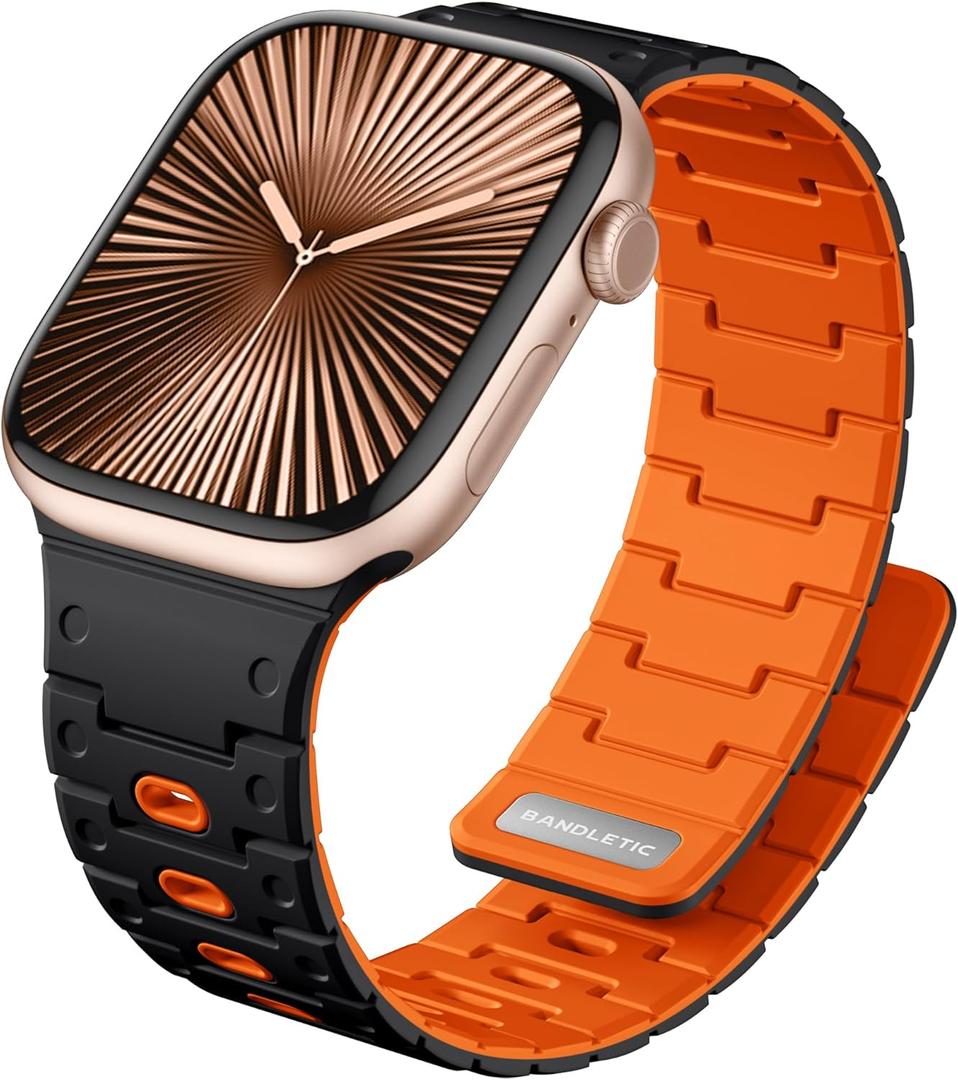 Bandletic Magnetic Bands Compatible with Apple Watch Band for Women Men, Durable Sport Strong Magnet Strap for iWatch 42mm(Series 11 10), 41mm(9/8/7), 40mm(SE3/SE2/SE/6/5/4), 38mm(3/2/1), Black/Orange