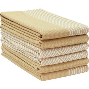 PurpleEssences 6-Pack Kitchen Towels - 15x25 Inch 100% Cotton Waffle Weave - Absorbent, Reusable Dish & Hand Towels with Hanging Loop for Home & Bar Use Fall Thanksgiving - Assorted - Tan