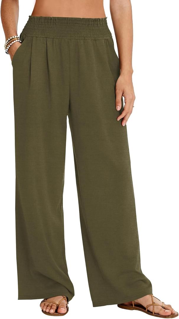LOMON Womens Elastic High Waisted Palazzo Pants Casual Wide Leg Long Beach Vacation Trousers with Pockets
