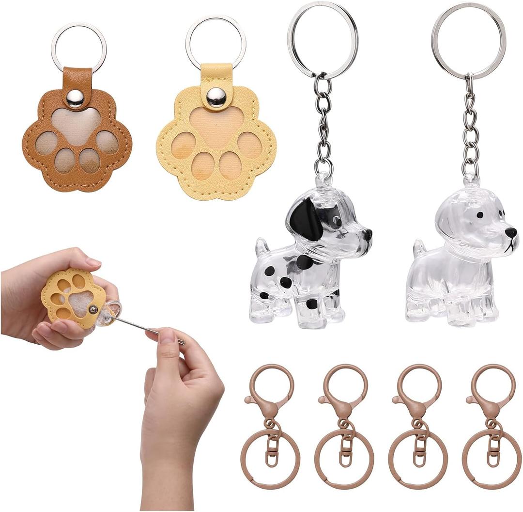 Pet Hair Keepsake Keychain Set - 2 Leather Paw & 2 Transparent Pet Hair Collector Keyrings, Memorial Gifts for Dog Lovers
