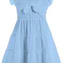 Vogseek Light Blue Girl Dress 5 6 Years Old Kids Square Neck Ruffle Sleeve A Line Swing Dresses Summer Cute Bowknot Tie Frock for Little Girls 5t 6t Valentines Easter School Dance Party Size 6